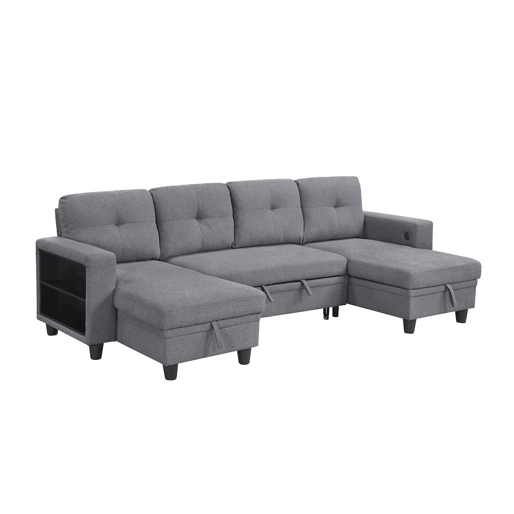 Robinson Boucle Sectional with Two Chaises, Pull-out Bed in Gray