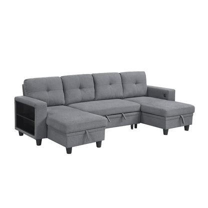 Robinson Boucle Sectional with Two Chaises, Pull-out Bed in Gray