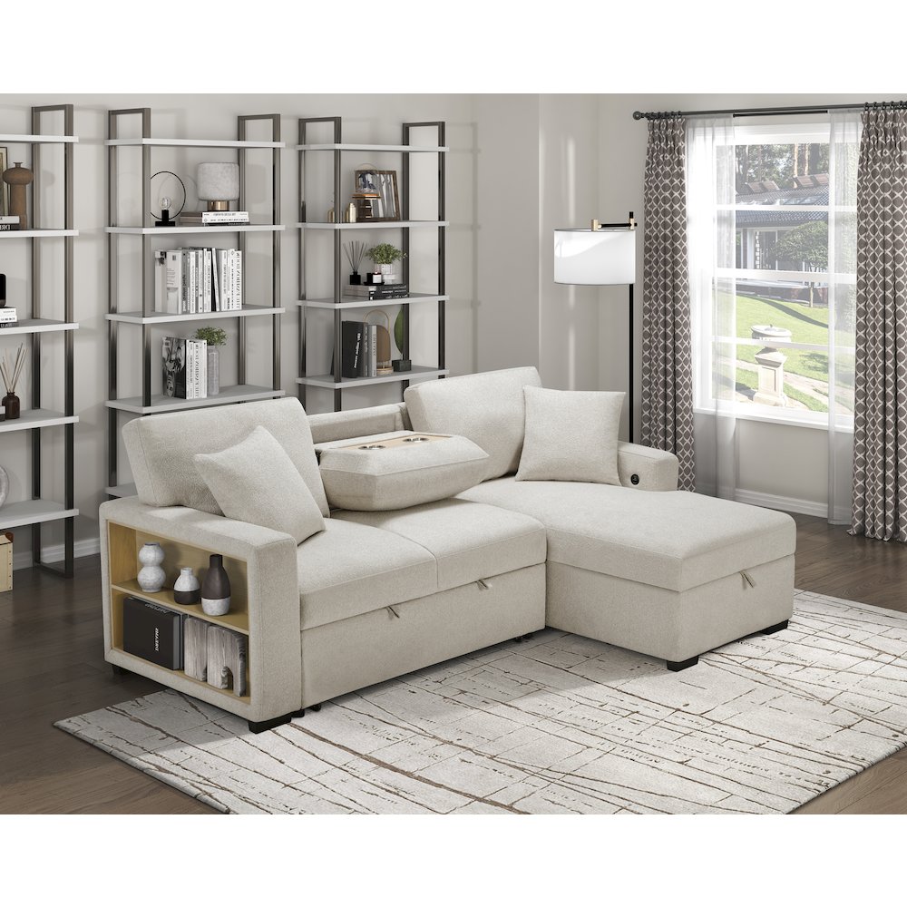 Pompano Boucle Sectional with Right Chaise, Pull-out Bed in Beige