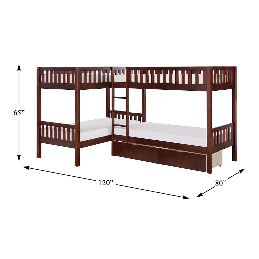 Rowe Pine Corner Bunk Bed with Storage Boxes in Dark Cherry