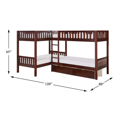 Rowe Pine Corner Bunk Bed with Storage Boxes in Dark Cherry