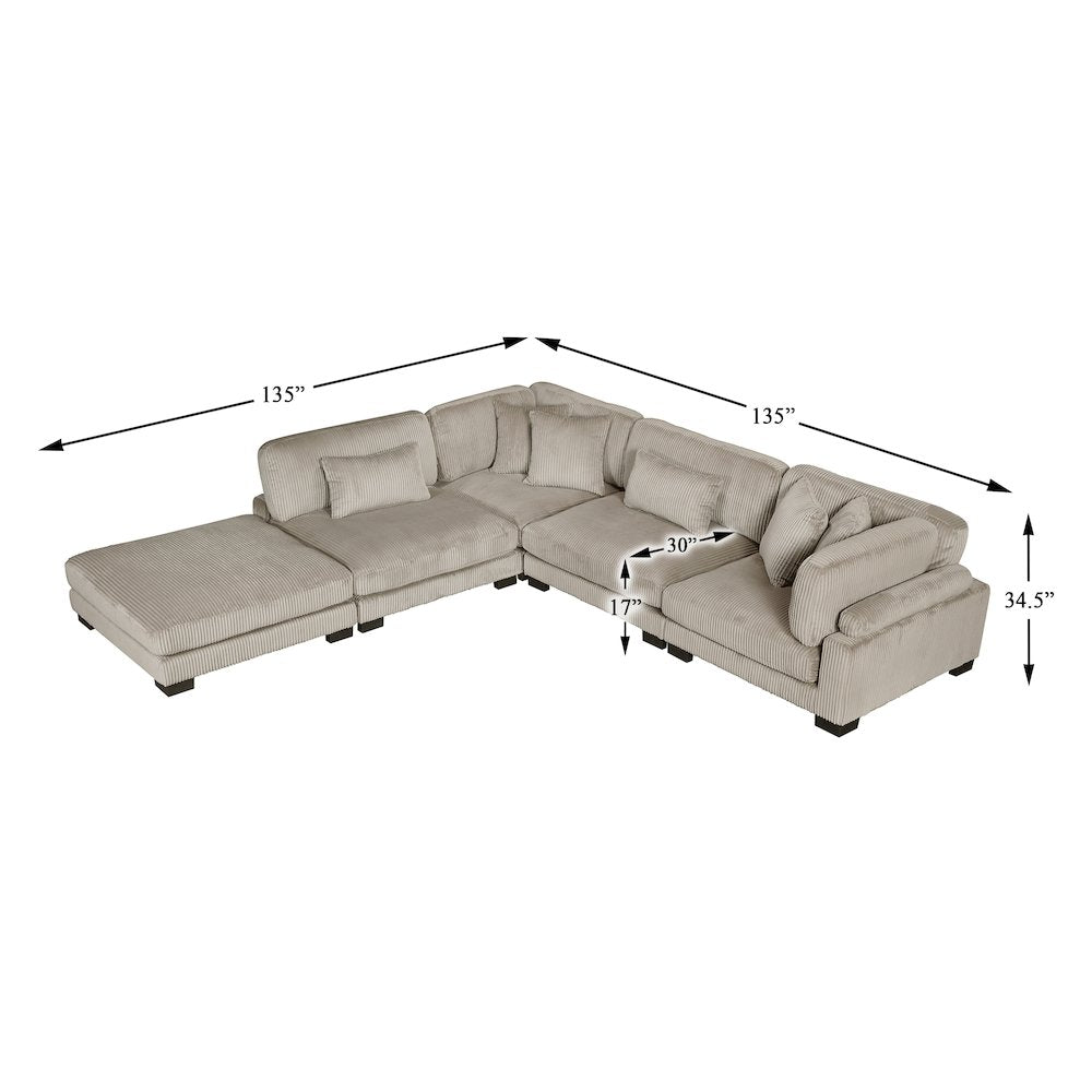 Traverse Corduroy 5-Piece Modular Sectional with Ottoman in Taupe
