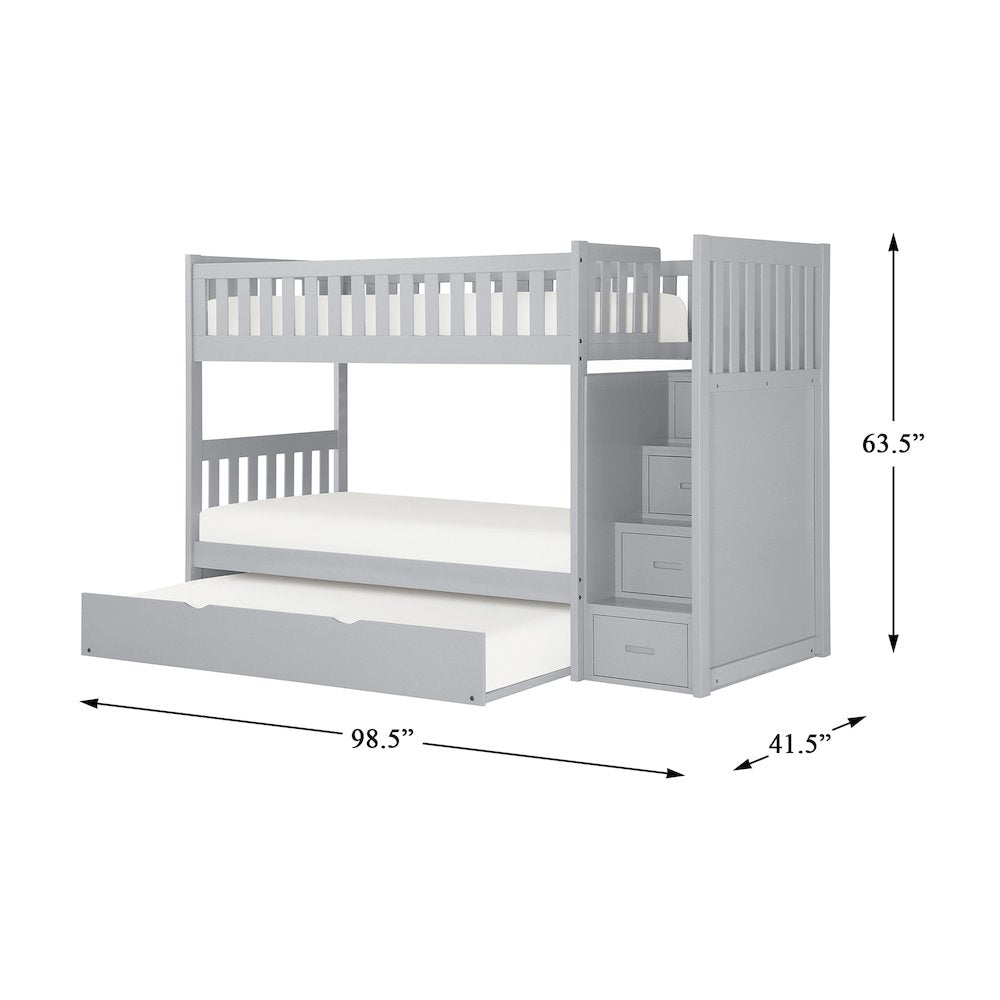 Orion Pine Bunk Bed with Reversible Step Storage w/ Trundle Bed in Gray