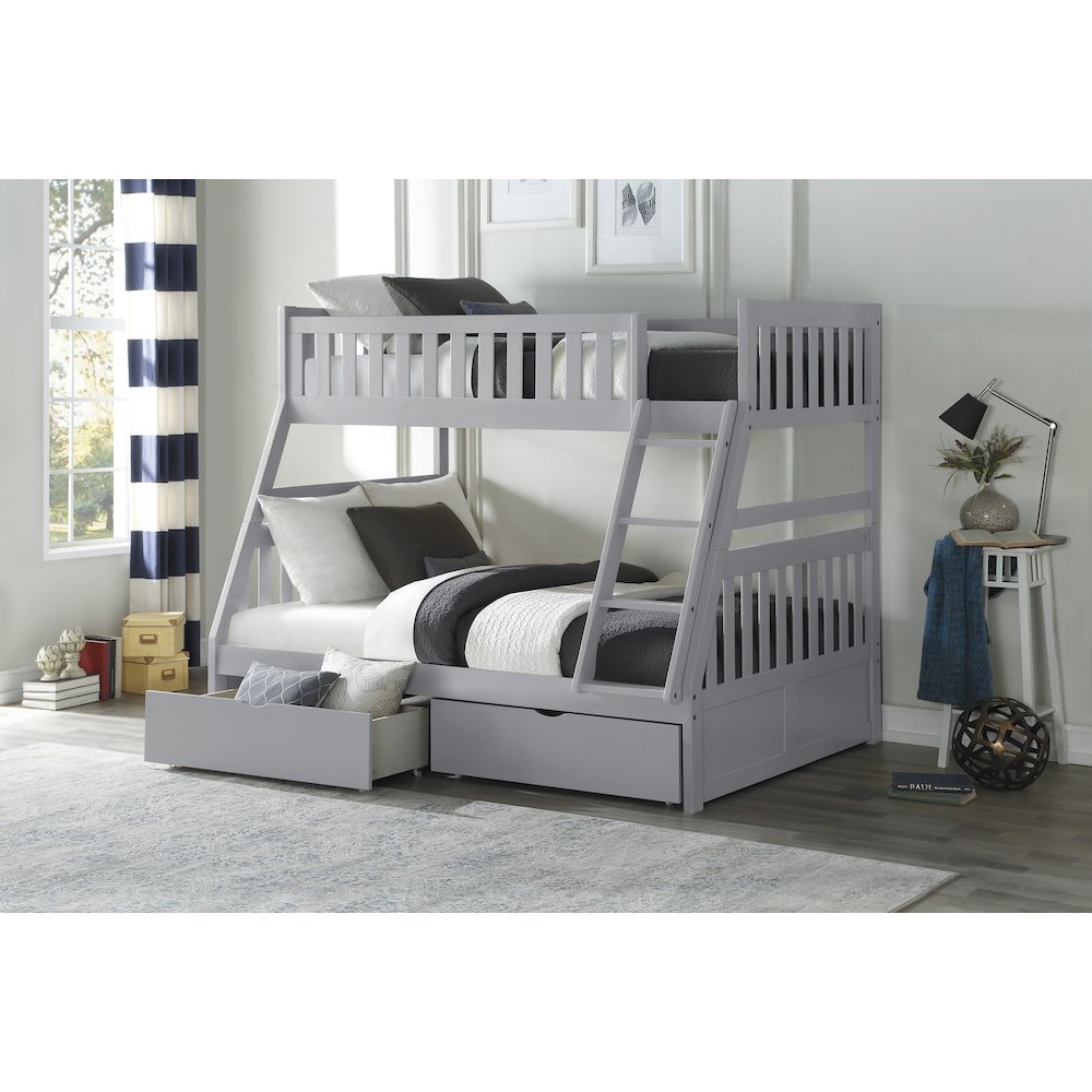 Orion Pine Twin Over Full Bunk Bed with Storage Boxes in Gray