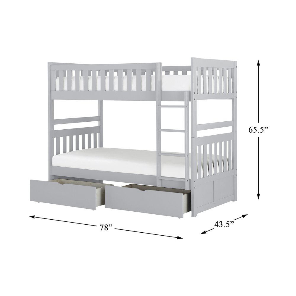 Orion Pine Twin Over Twin Bunk Bed with Storage Boxes in Gray