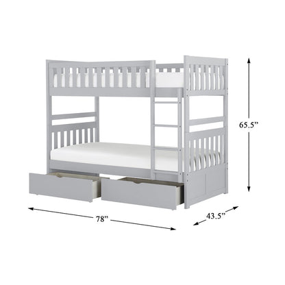 Orion Pine Twin Over Twin Bunk Bed with Storage Boxes in Gray