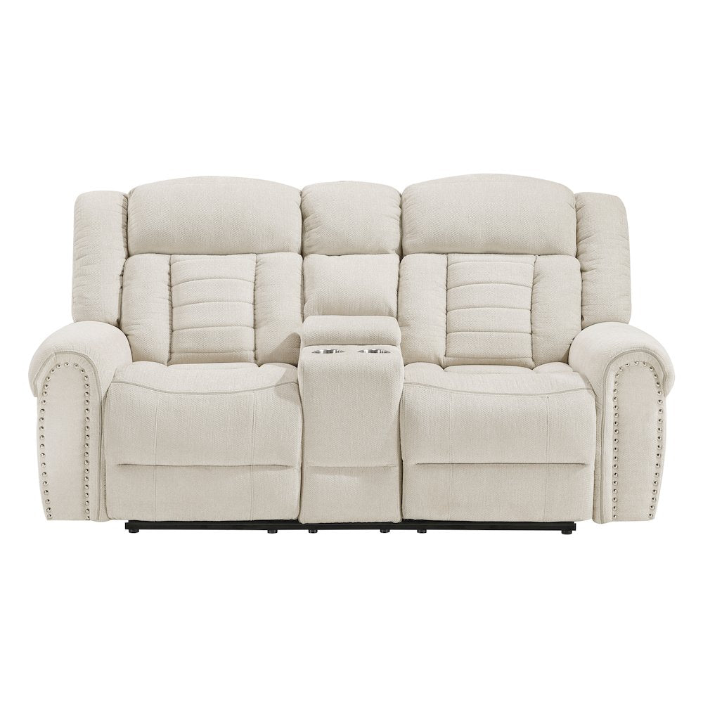 Nutmeg Chenille Double Reclining Love Seat with Center Console in Beige