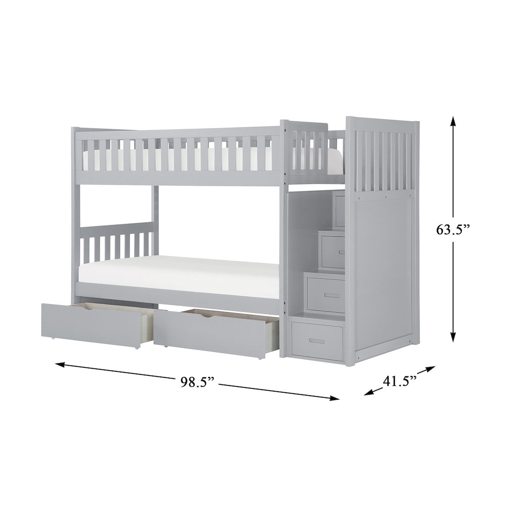 Orion Pine Bunk Bed w/ Reversible Step Storage w/ Storage Boxes in Gray