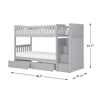 Orion Pine Bunk Bed w/ Reversible Step Storage w/ Storage Boxes in Gray