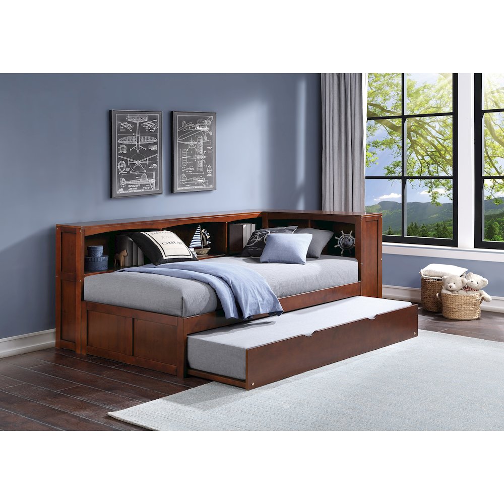 Rowe Pine Twin Bookcase Corner Bed with Twin Trundle in Dark Cherry