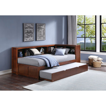 Rowe Pine Twin Bookcase Corner Bed with Twin Trundle in Dark Cherry