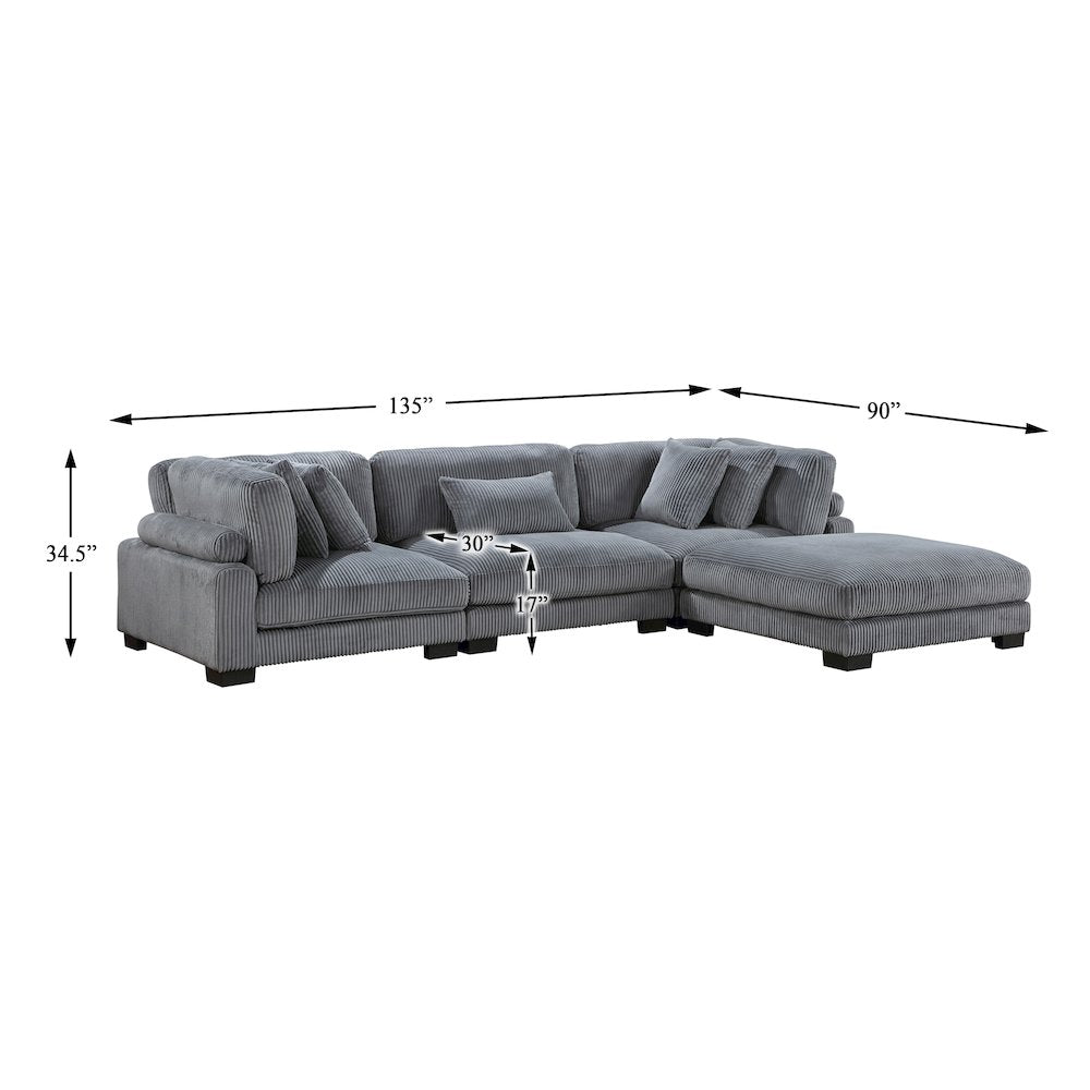 Traverse Corduroy 4-Piece Modular Sectional with Ottoman in Gray