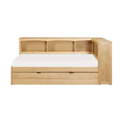 Bartly Pine Twin Bookcase Corner Bed with Twin Trundle in Natural Pine