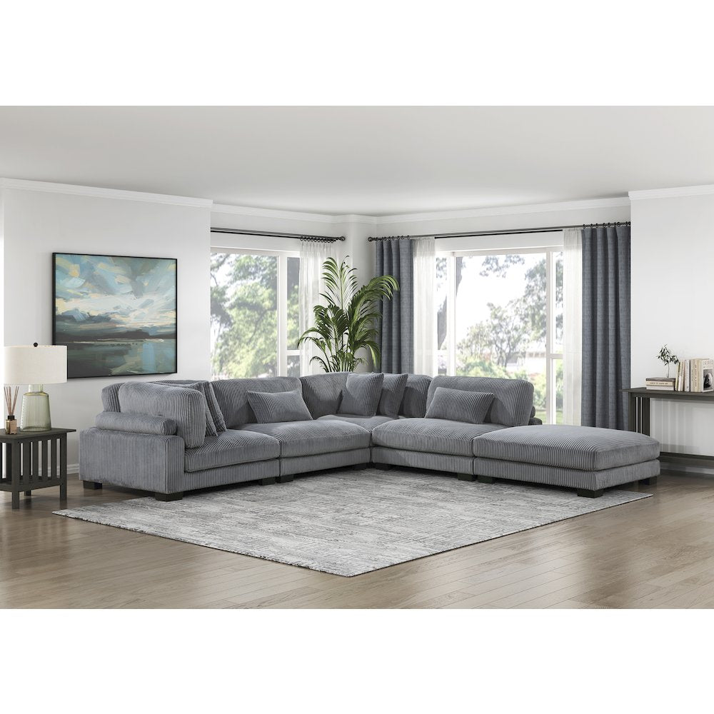 Traverse Corduroy 5-Piece Modular Sectional with Ottoman in Gray