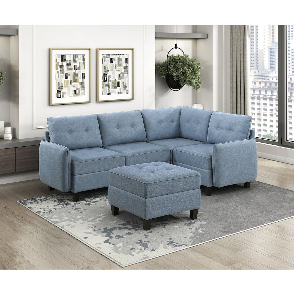 Garren Textured 5-Piece Sectional with Storage and Ottoman in Blue