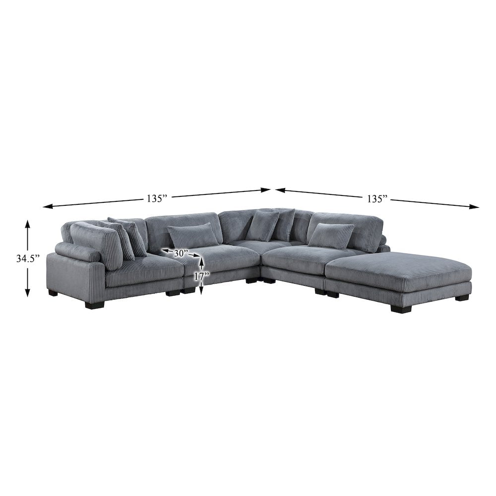 Traverse Corduroy 5-Piece Modular Sectional with Ottoman in Gray