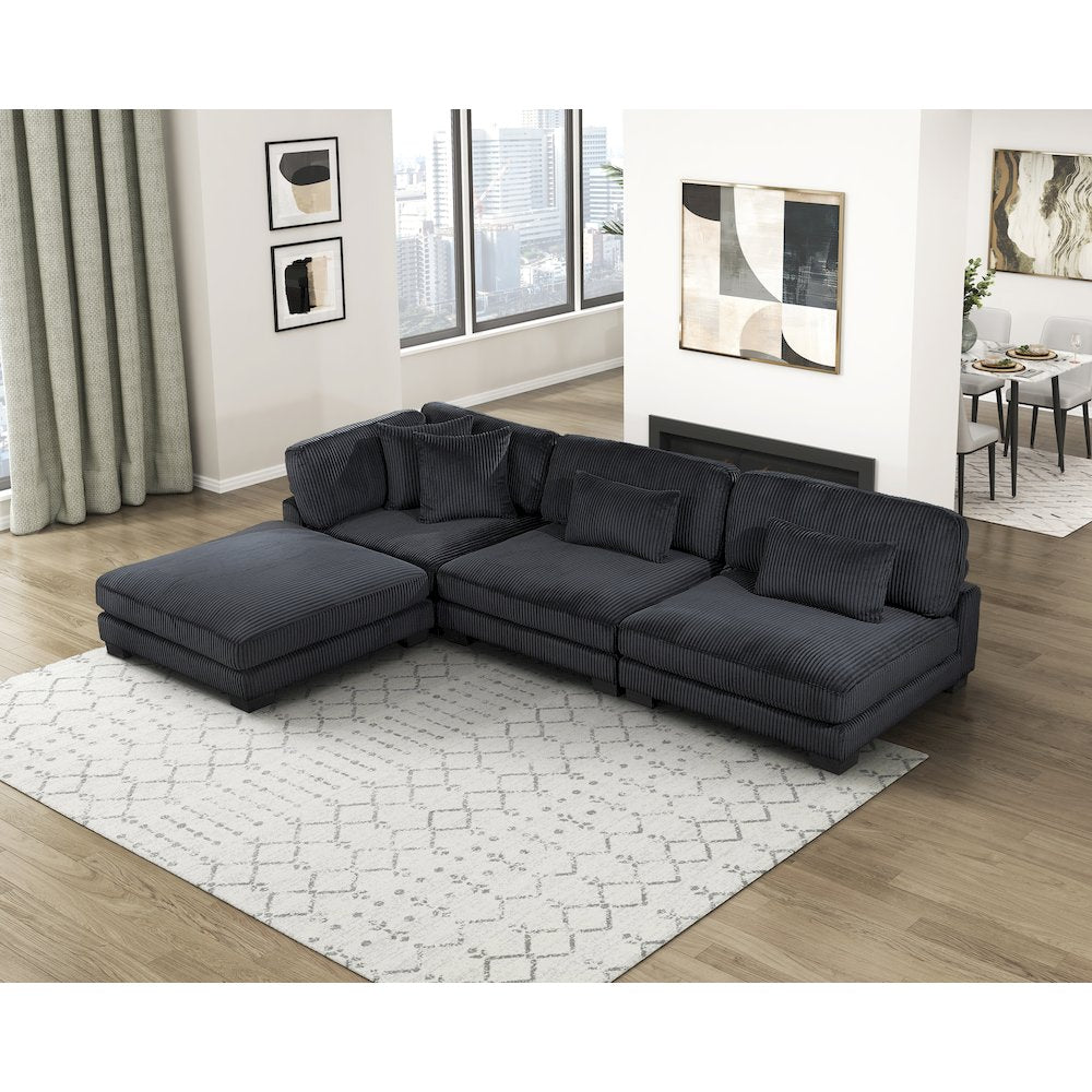 Traverse Corduroy 4-Piece Modular Sectional with Ottoman in Black