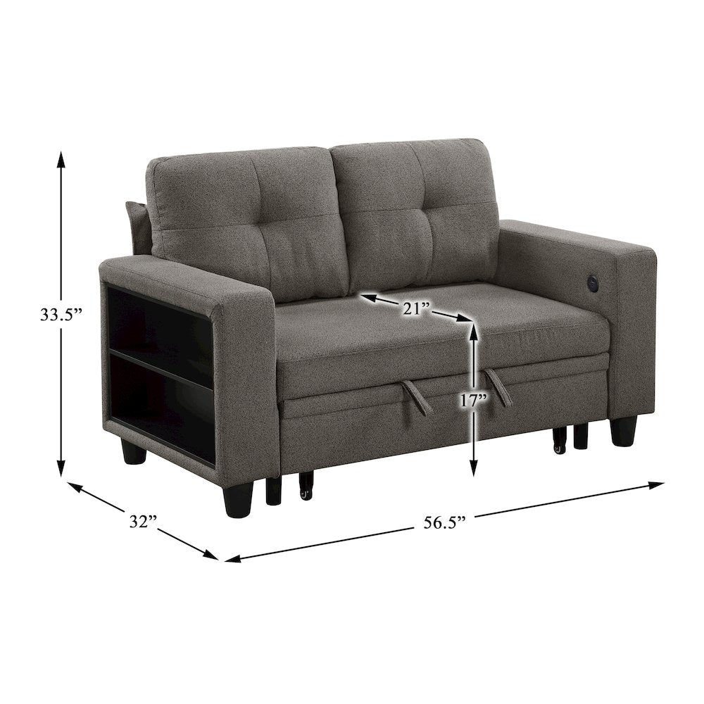 Robinson Boucle Love Seat with Pull-out Bed, Shelves in Dark Brown