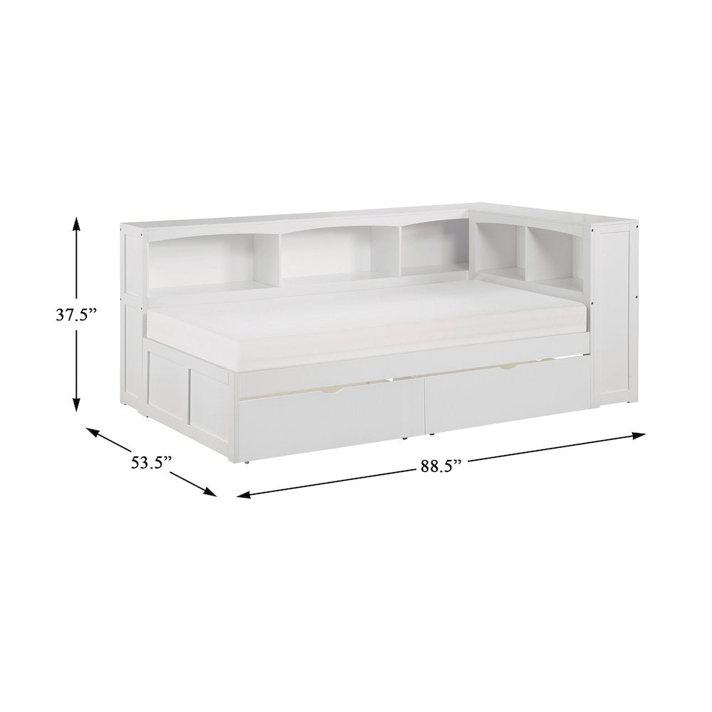 Galen Pine Twin Bookcase Corner Bed with Storage Boxes in White