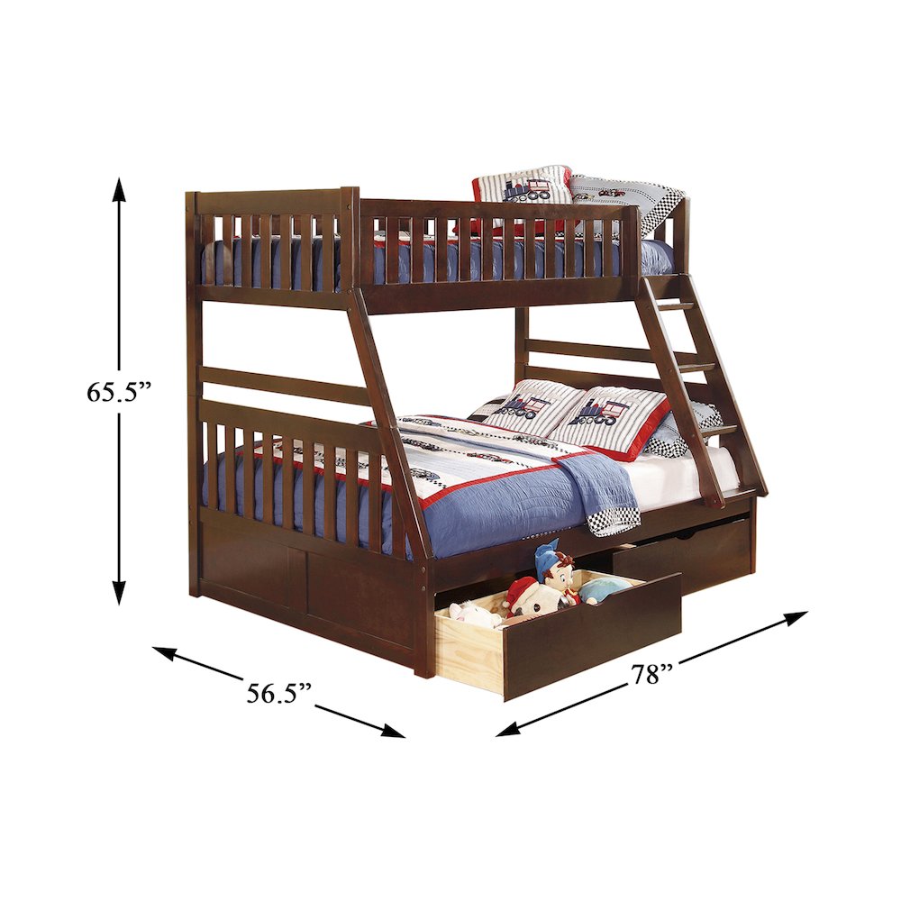 Rowe Pine Twin Over Full Bunk Bed with Storage Boxes in Dark Cherry
