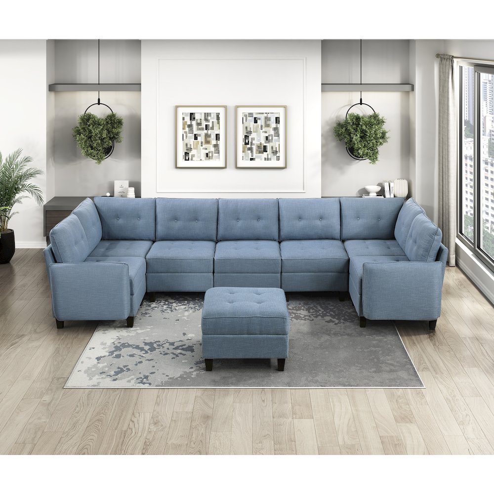 Garren Textured 8-Piece Sectional with Storage and Ottoman in Blue