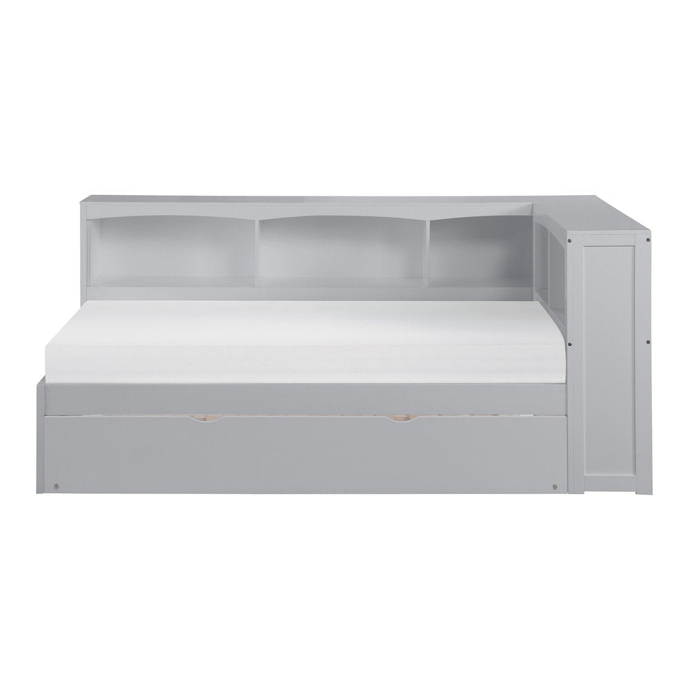 Orion Pine Twin Bookcase Corner Bed with Twin Trundle in Gray
