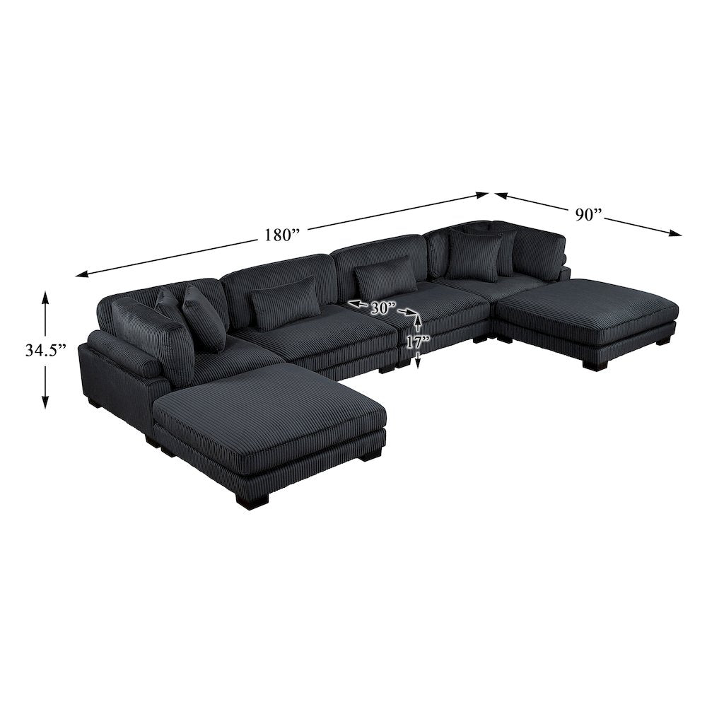 Traverse Corduroy 6-Piece Modular Sectional with Ottomans in Black