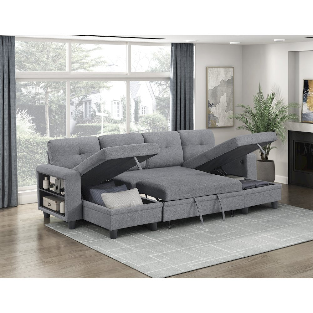 Robinson Boucle Sectional with Two Chaises, Pull-out Bed in Gray