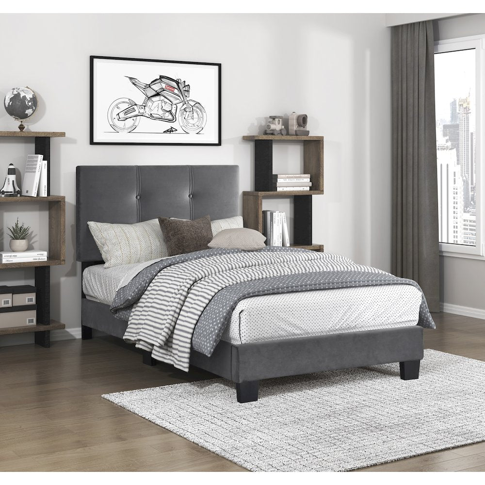 Newberry Velvet Twin Platform Bed in Dark Gray
