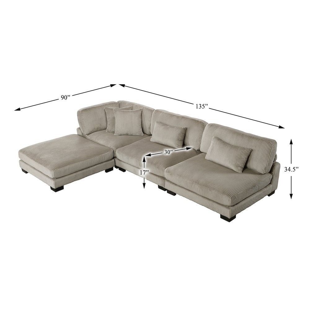 Traverse Corduroy 4-Piece Modular Sectional with Ottoman in Taupe