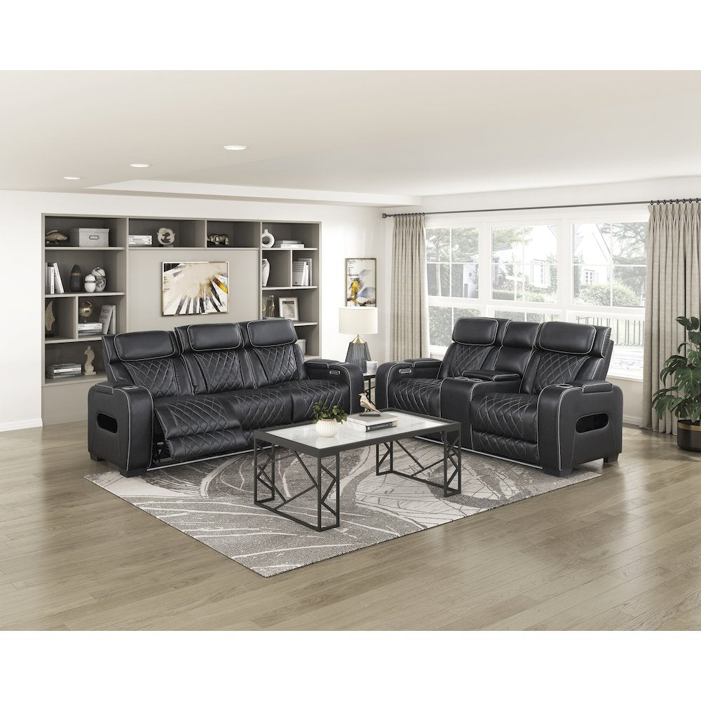 Fairway Faux Leather 2pc Set: Sofa, Loveseat in Black