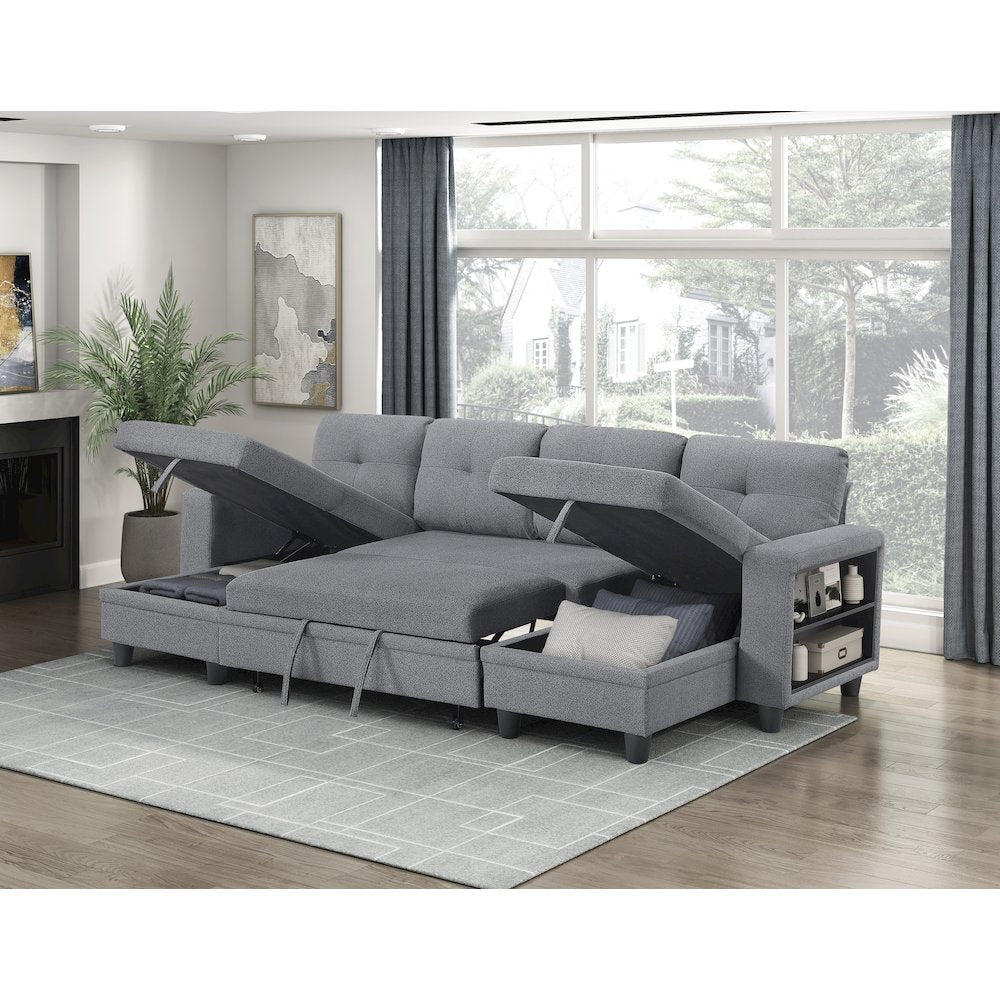 Robinson Boucle Sectional with Two Chaises, Pull-out Bed in Gray