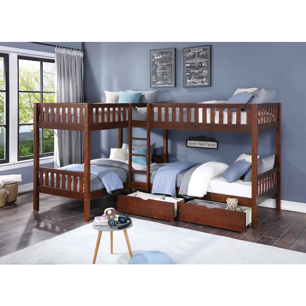 Rowe Pine Corner Bunk Bed with Storage Boxes in Dark Cherry