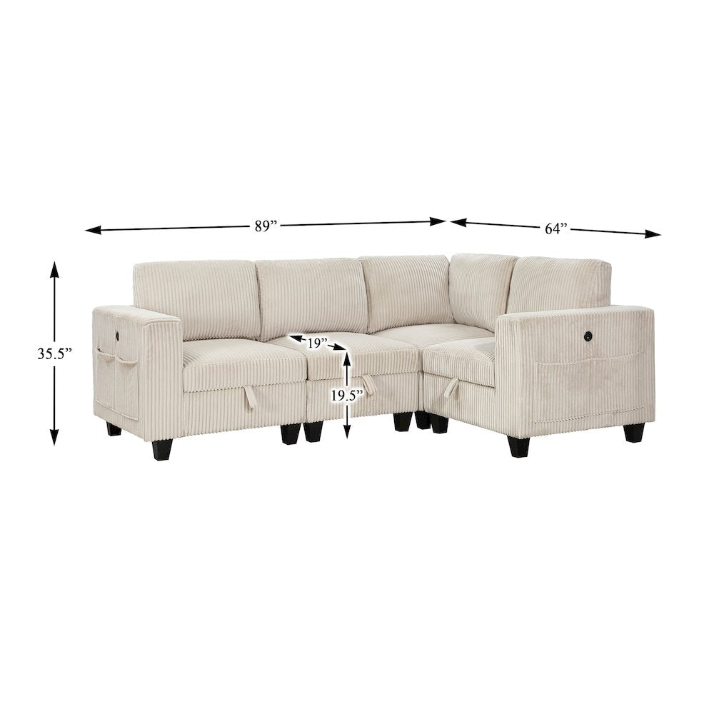 Walterboro Corduroy 4-Piece Sectional with Storage in Beige