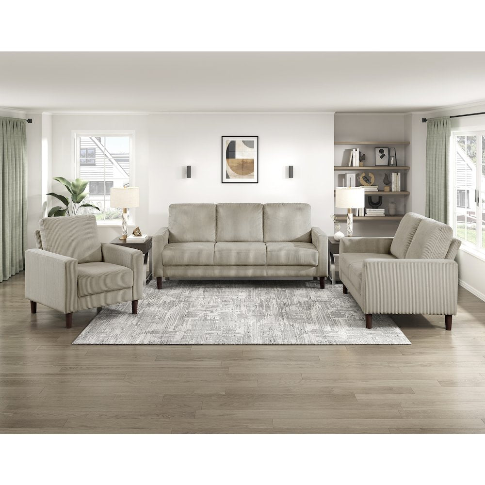 Crandall Corduroy 3pc Set: Sofa, Loveseat, Chair in Taupe