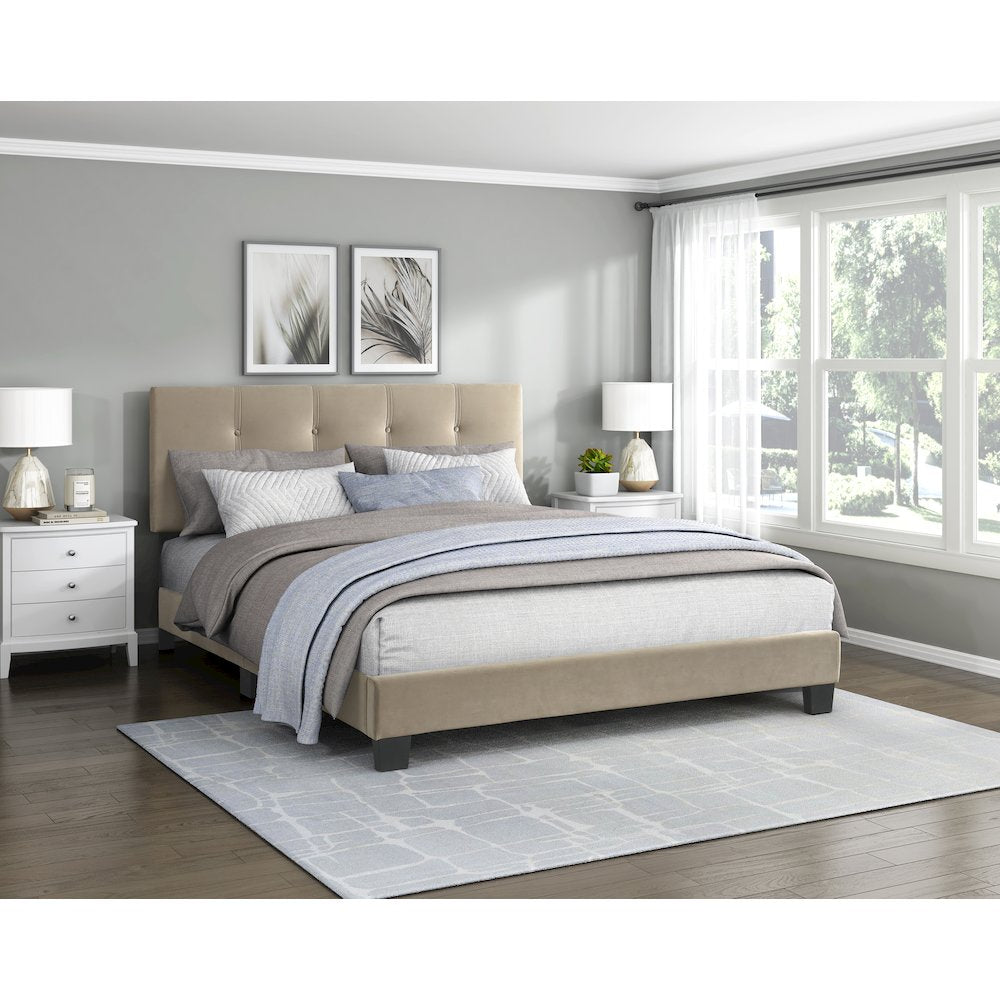 Newberry Velvet Queen Platform Bed, Light brown color in Light brown