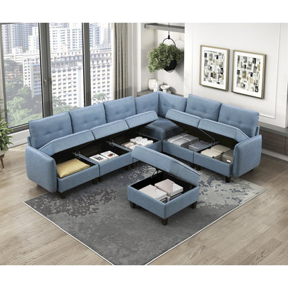 Garren Textured 7-Piece Sectional with Storage and Ottoman in Blue