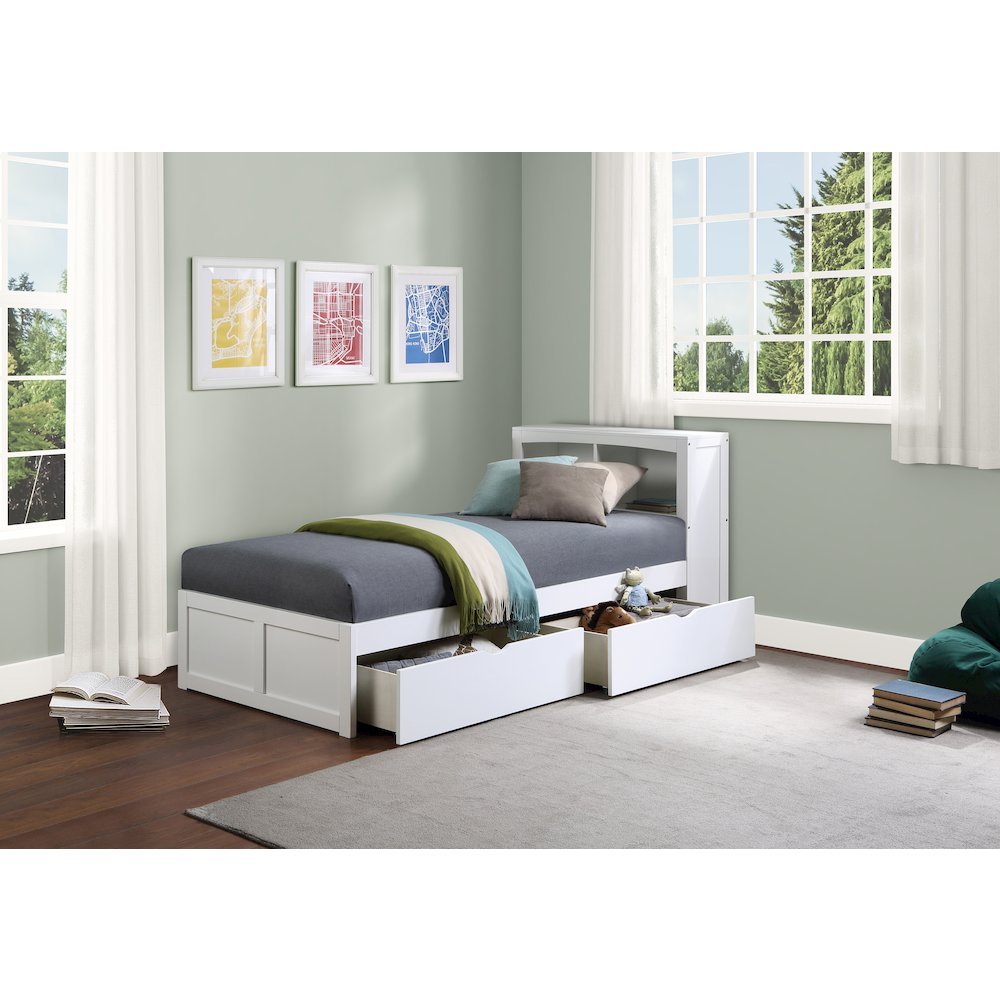 Galen Pine Twin Bookcase Bed with Storage Boxes in White
