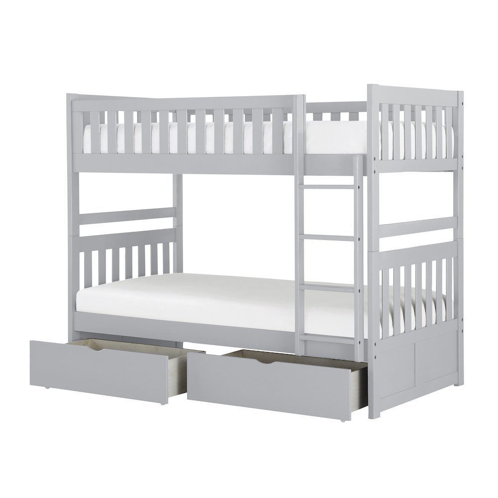 Orion Pine Twin Over Twin Bunk Bed with Storage Boxes in Gray