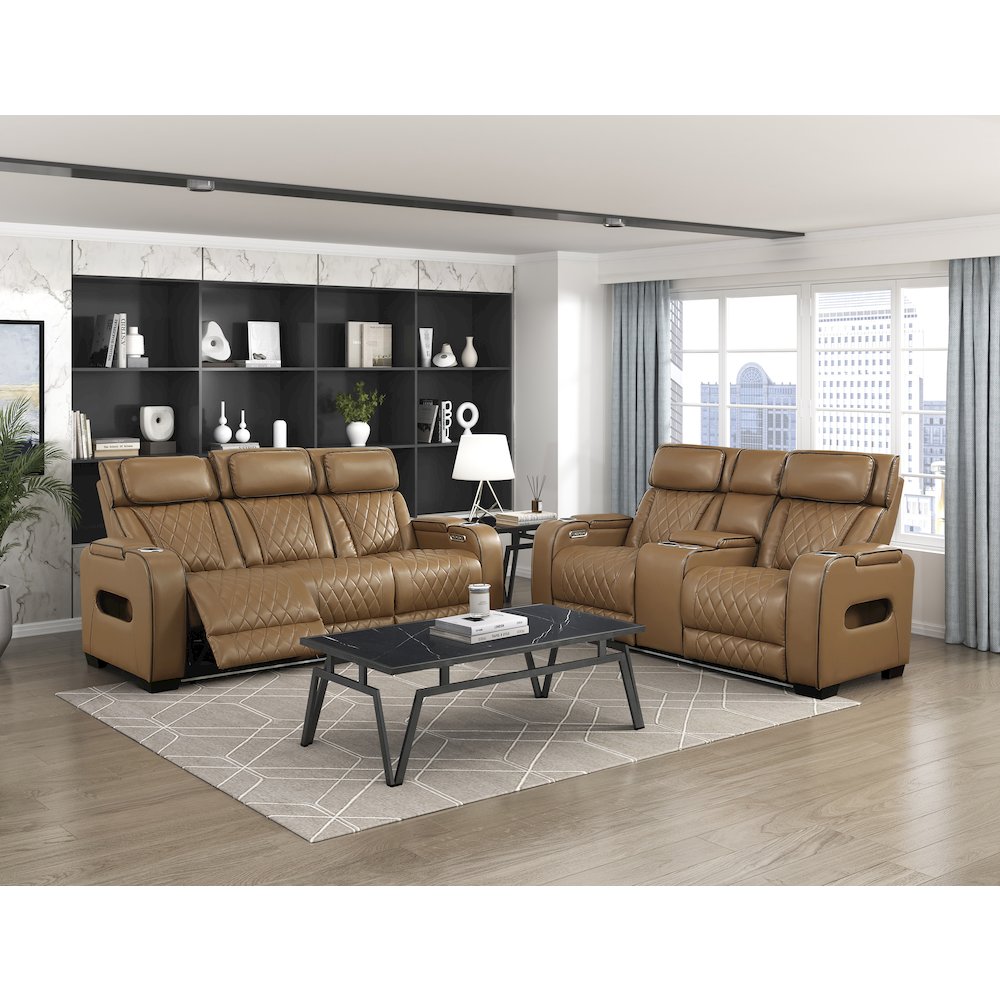 Fairway Faux Leather Power Double Reclining Sofa in Brown