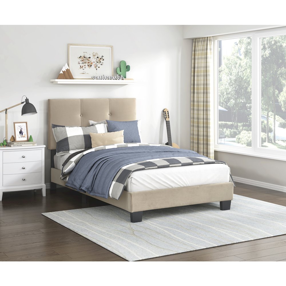 Newberry Velvet Twin Platform Bed in Light Brown