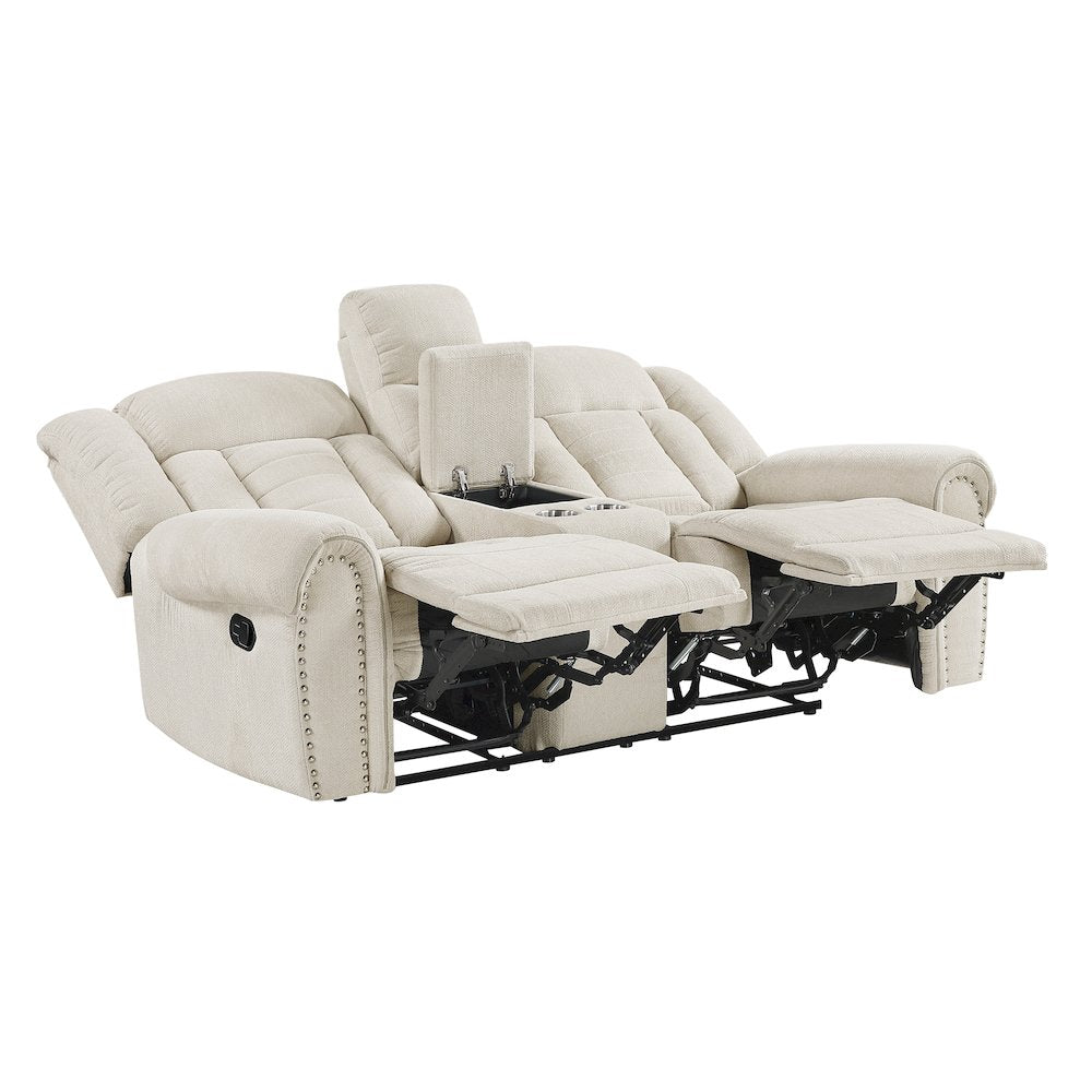 Nutmeg Chenille Double Reclining Love Seat with Center Console in Beige