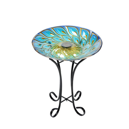 Solar Glass Peacock Feathers Bird Bath with Stand