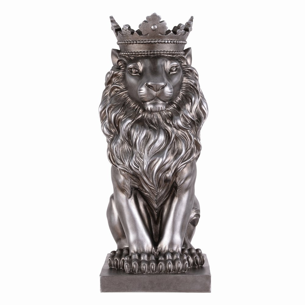 14.5" H Sitting Lion Crown Silver Color Resin Statue Home Décor