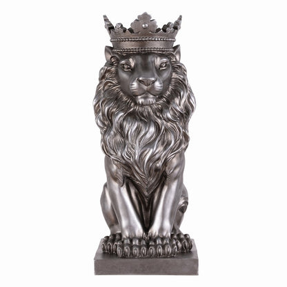 14.5" H Sitting Lion Crown Silver Color Resin Statue Home Décor