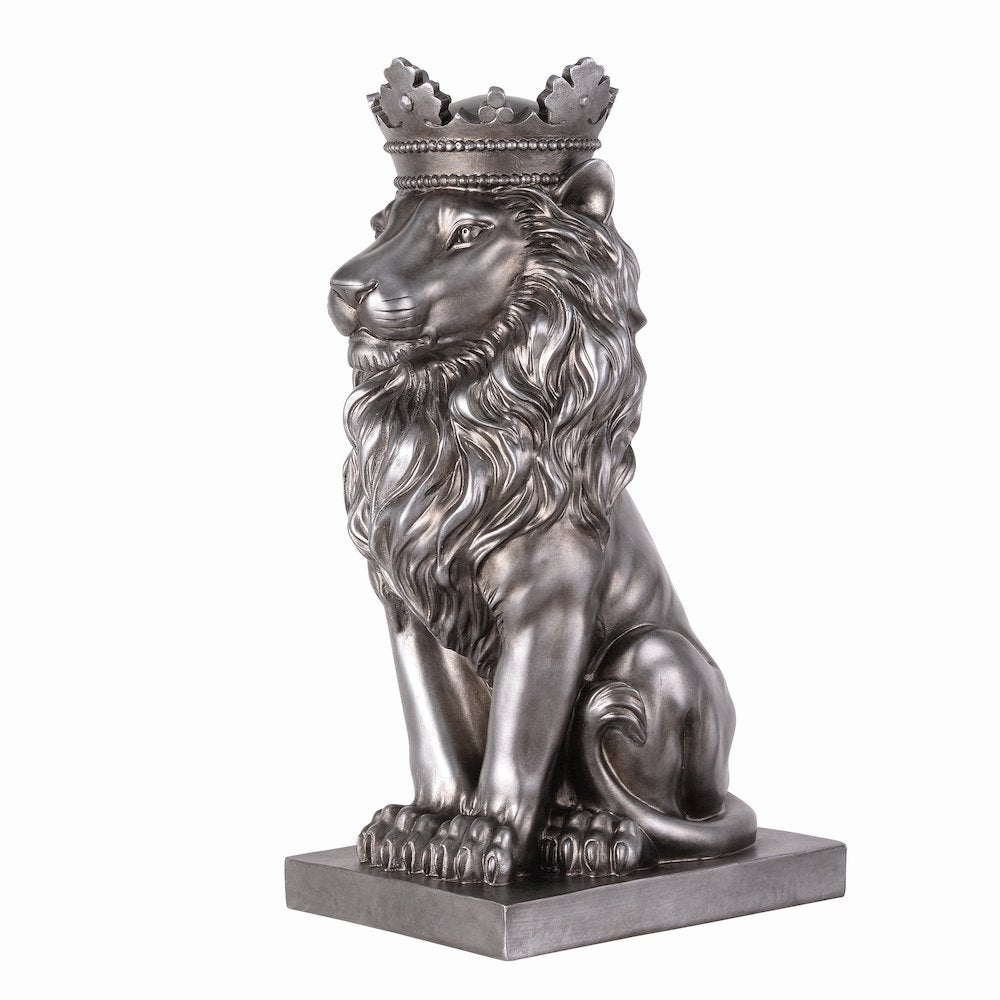 14.5" H Sitting Lion Crown Silver Color Resin Statue Home Décor