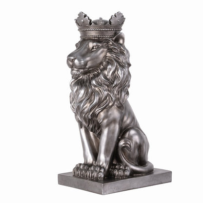 14.5" H Sitting Lion Crown Silver Color Resin Statue Home Décor