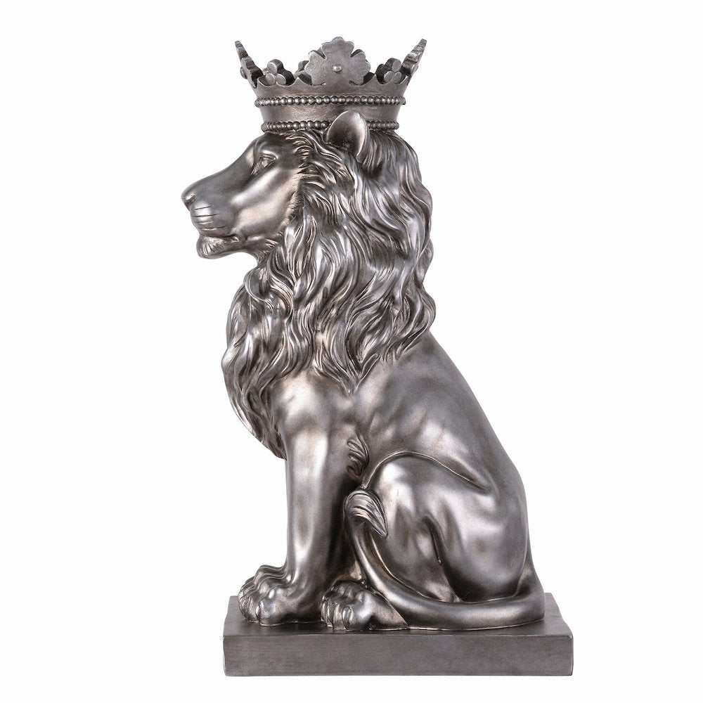 14.5" H Sitting Lion Crown Silver Color Resin Statue Home Décor