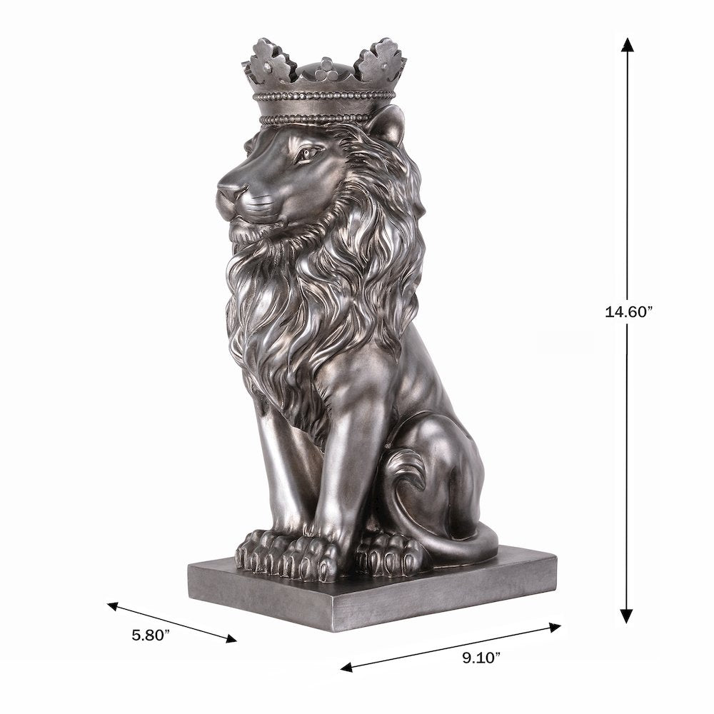 14.5" H Sitting Lion Crown Silver Color Resin Statue Home Décor
