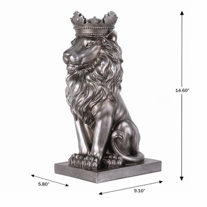 14.5" H Sitting Lion Crown Silver Color Resin Statue Home Décor